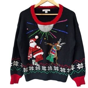 Festive Disco Ball Holiday Santa Reindeer Sweater, Oversized, Small
